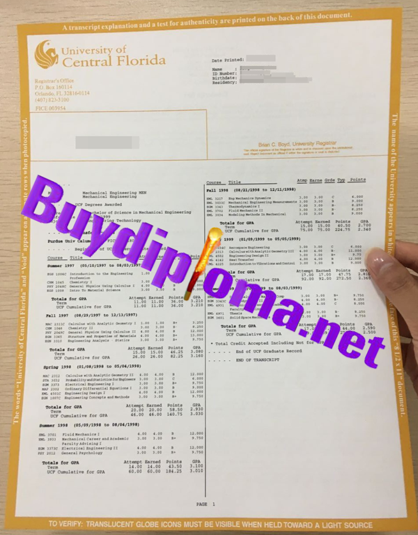 University of Central Florida transcript, buy fake UCF transcript