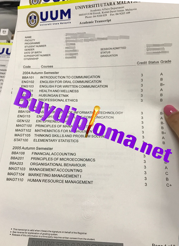 University Utara Malaysia transcript