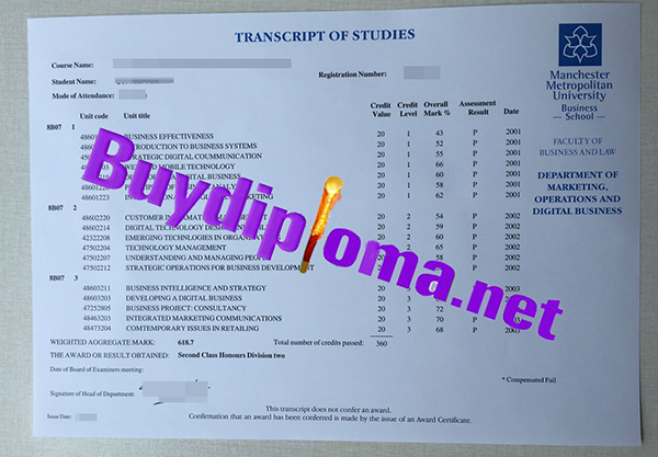 The Manchester Metropolitan University transcript