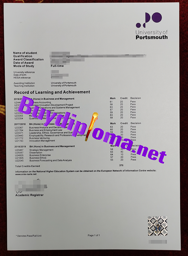 University of Portsmouth transcript